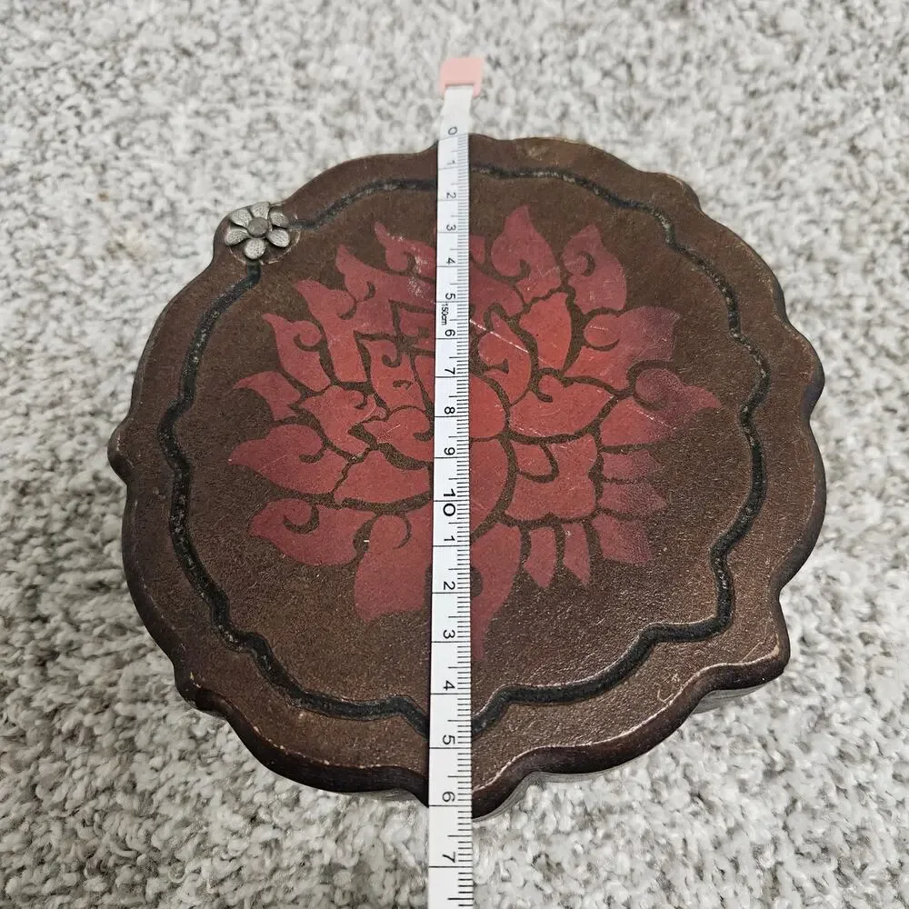 Lucky Brand Wooden Trinket Box Hand Carved Red Floral Boho Jewelry Box India